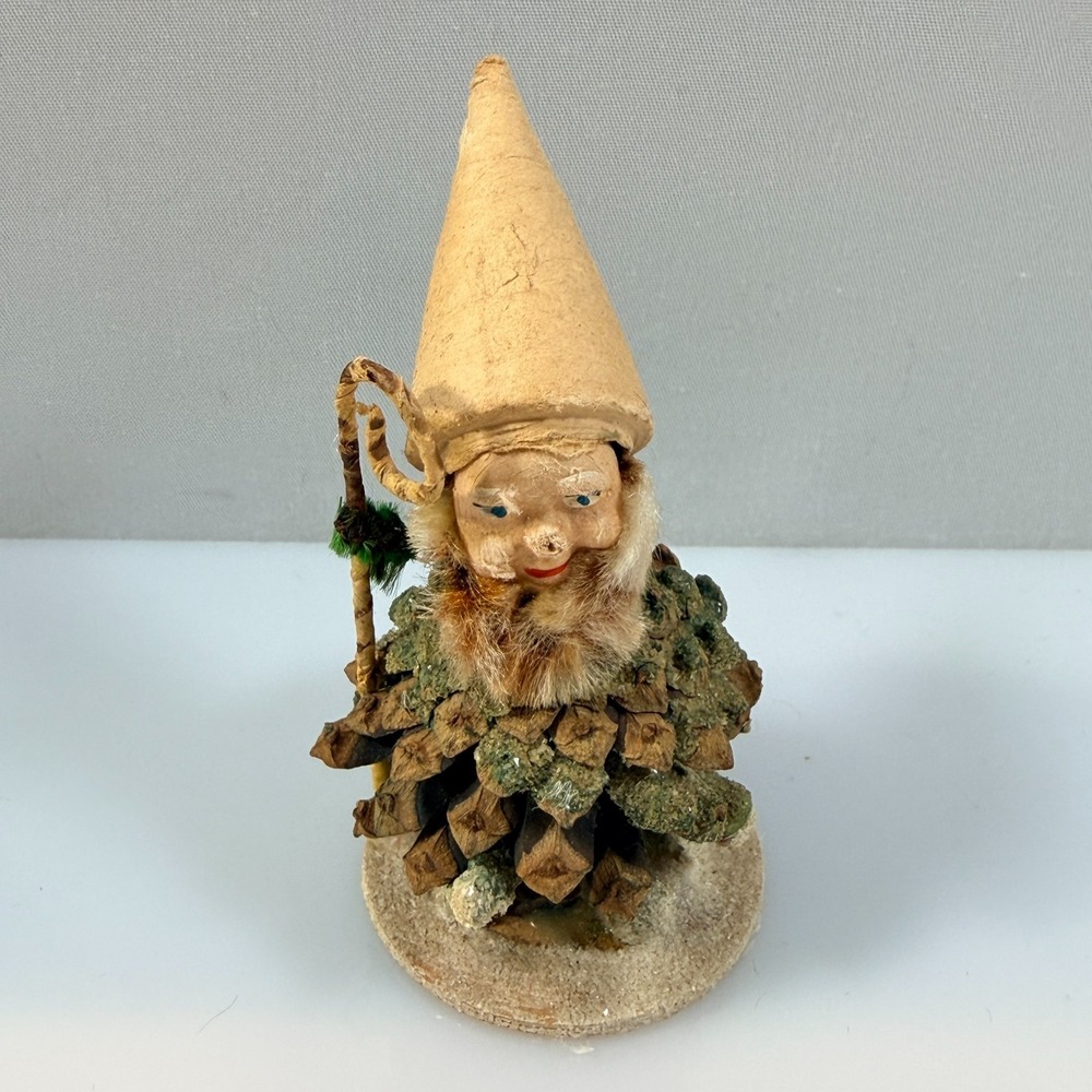 Vintage West Germany Pine Cone Gnome Putz Elf Christmas Figurine Cane FLAW